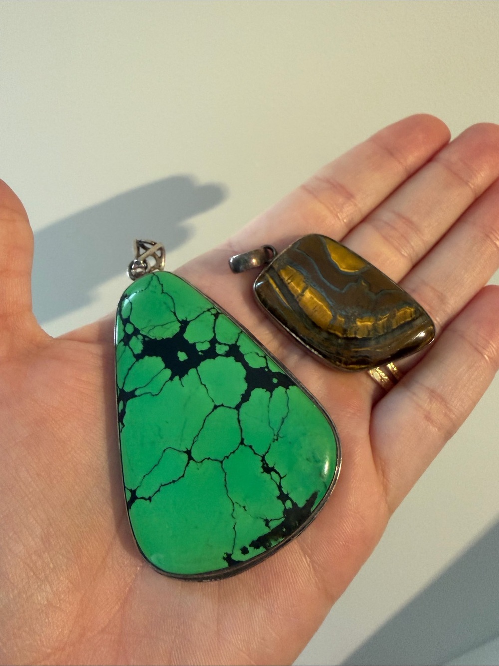 Green Spiderweb Turquoise (?) AND Tigers-eye Pendant
